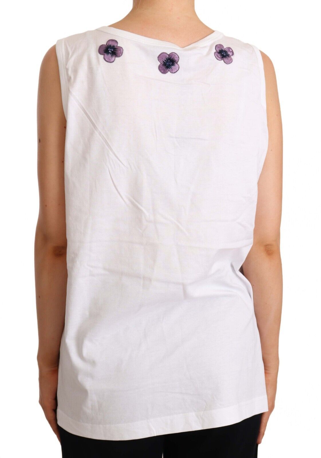 Camiseta sin mangas con logo y ribete floral en blanco