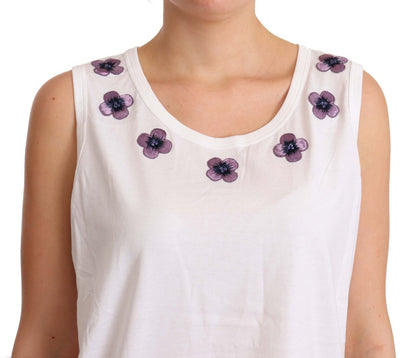 Camiseta sin mangas con logo y ribete floral en blanco