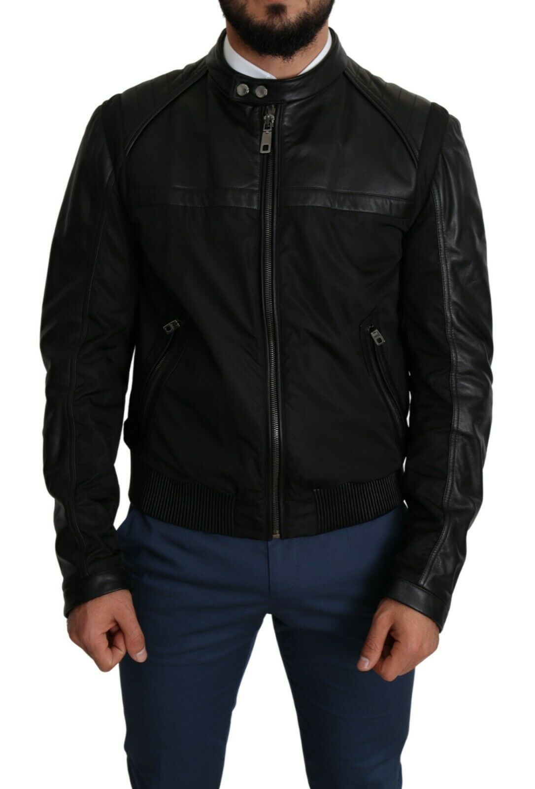 Elegante zwarte bomber met lederen accenten