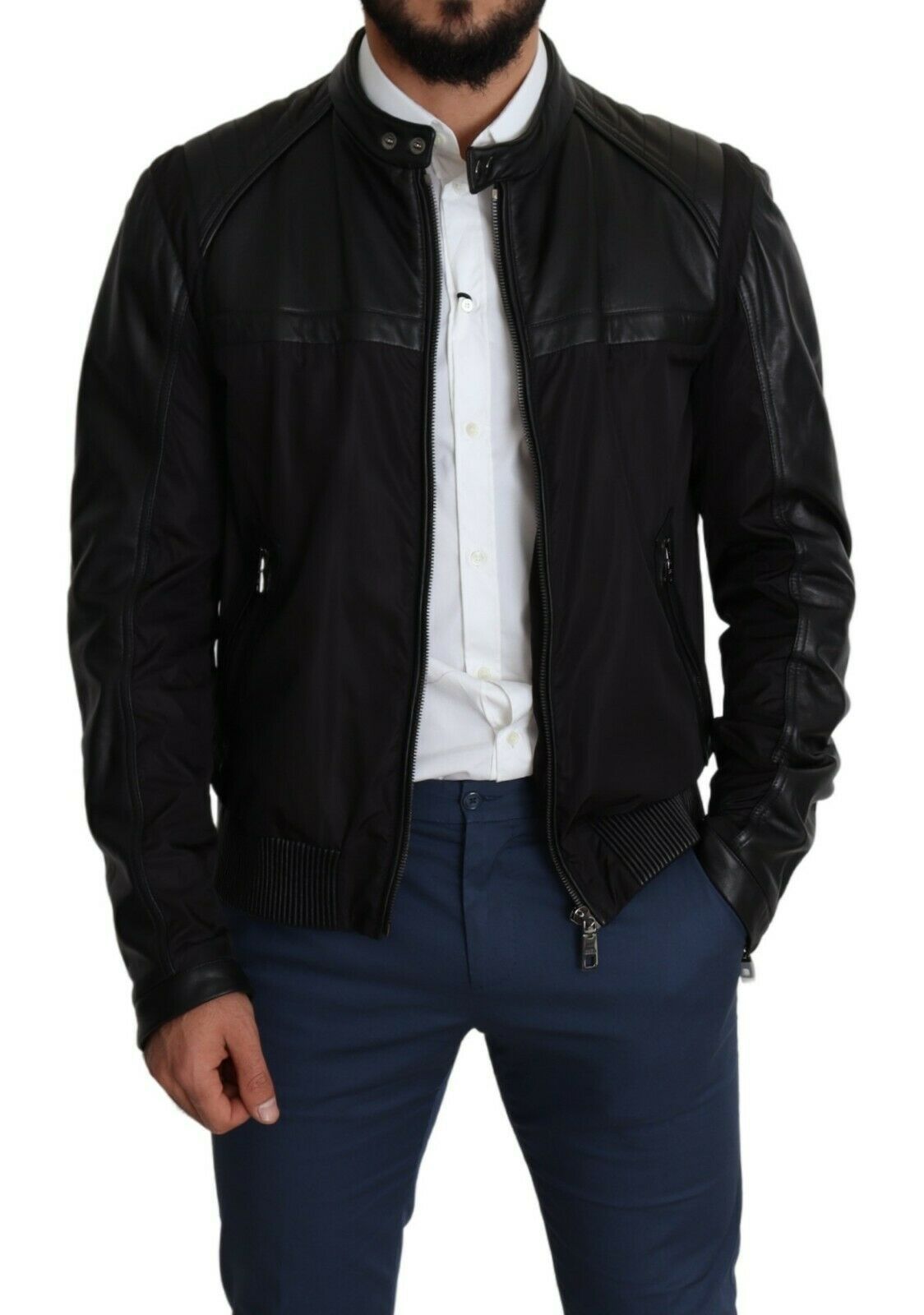 Elegante zwarte bomber met lederen accenten