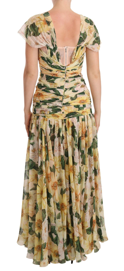 Floral Elegance Silk Pleated Maxi Dress