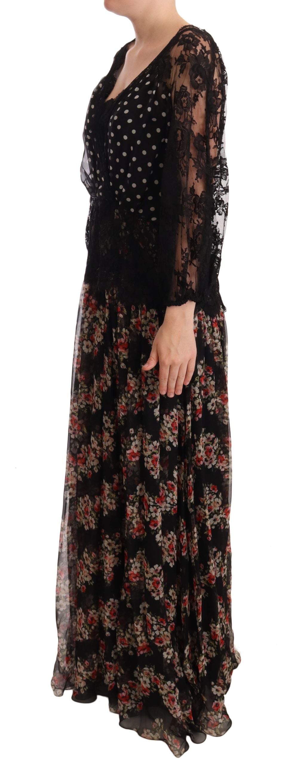 Elegante maxi-jurk met kanten bloemen en stippen