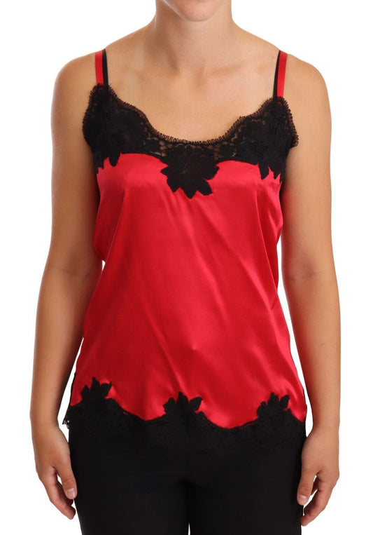 Camisola de mezcla de seda con ribete de encaje en rojo y negro