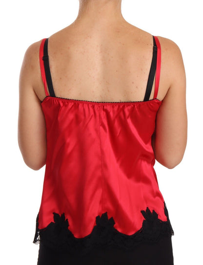 Silk Blend Lace-Trim Camisole in Red & Black