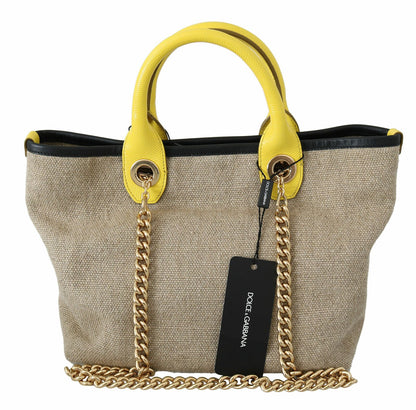 Tote de lino y becerro beige con cadena dorada