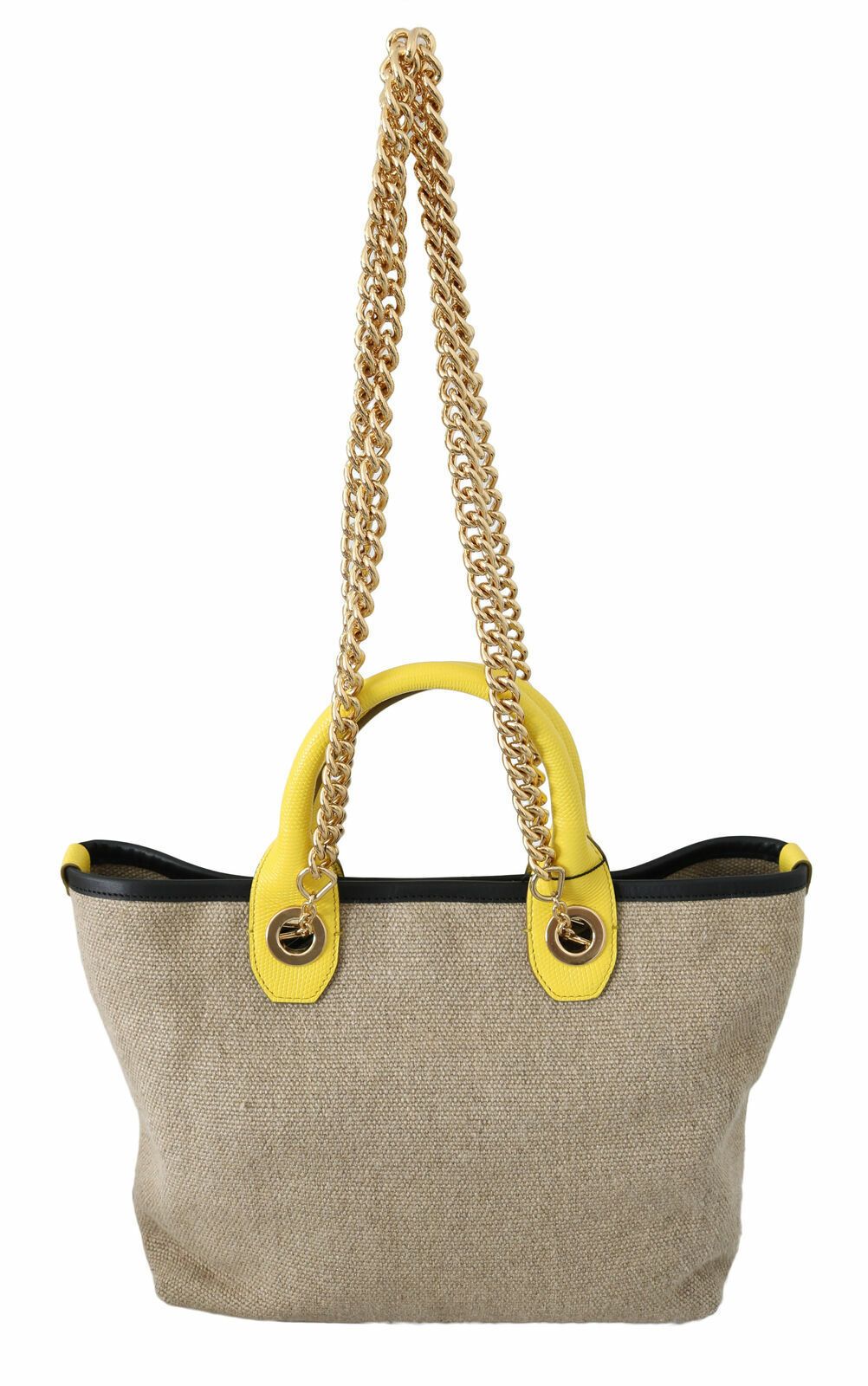 Tote de lino y becerro beige con cadena dorada