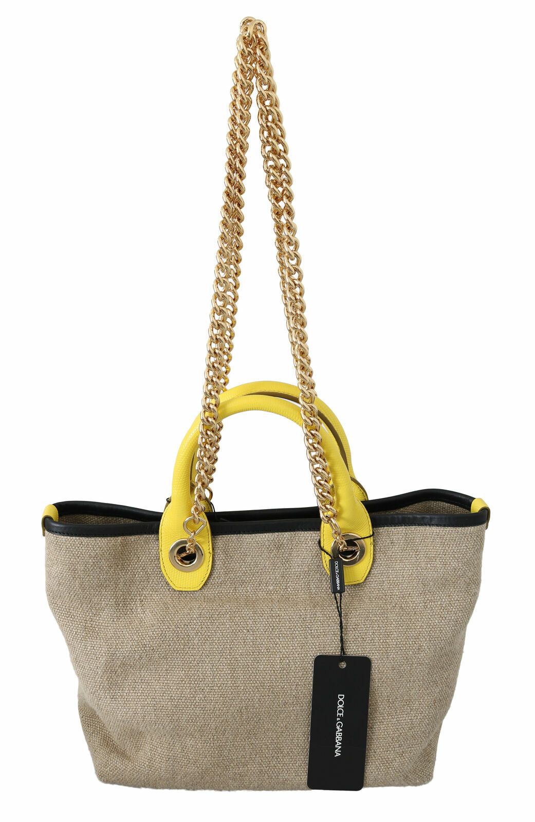 Tote de lino y becerro beige con cadena dorada