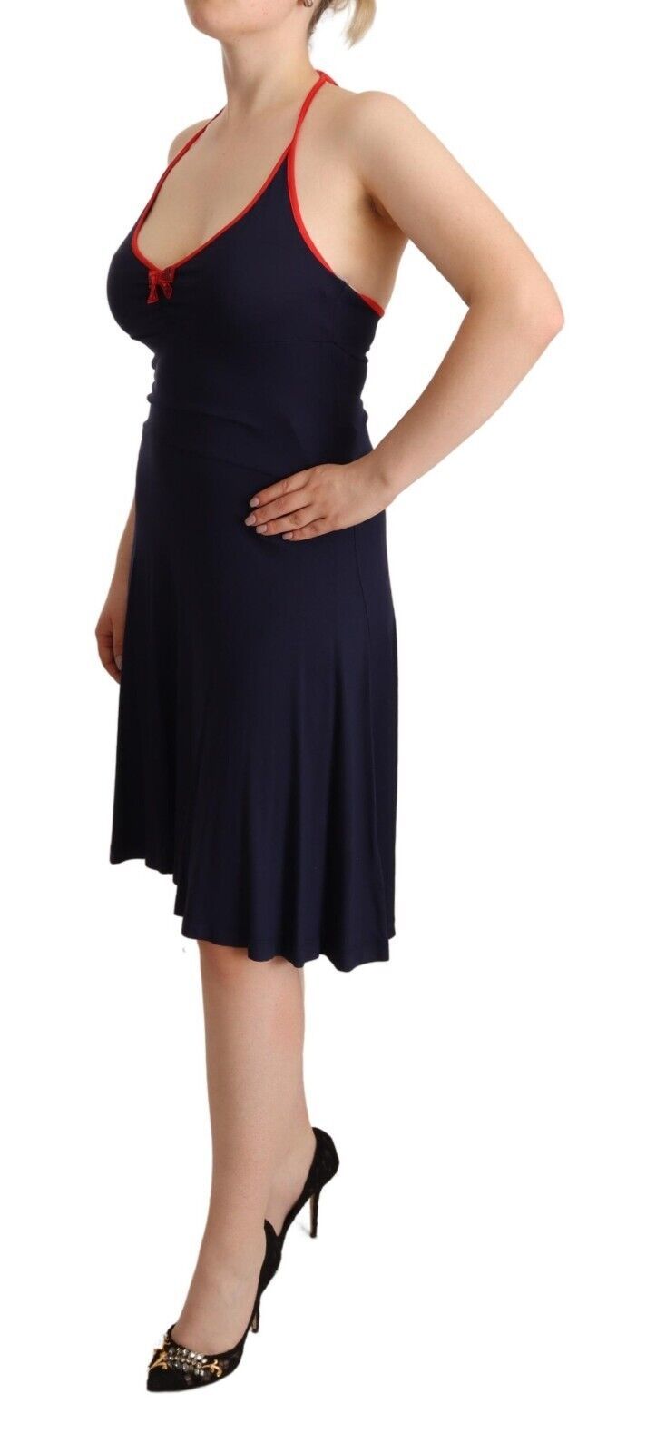 Navy Blue Cotton Midi Halter Dress