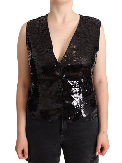 Elegant Black Sequined Sleeveless Vest Top