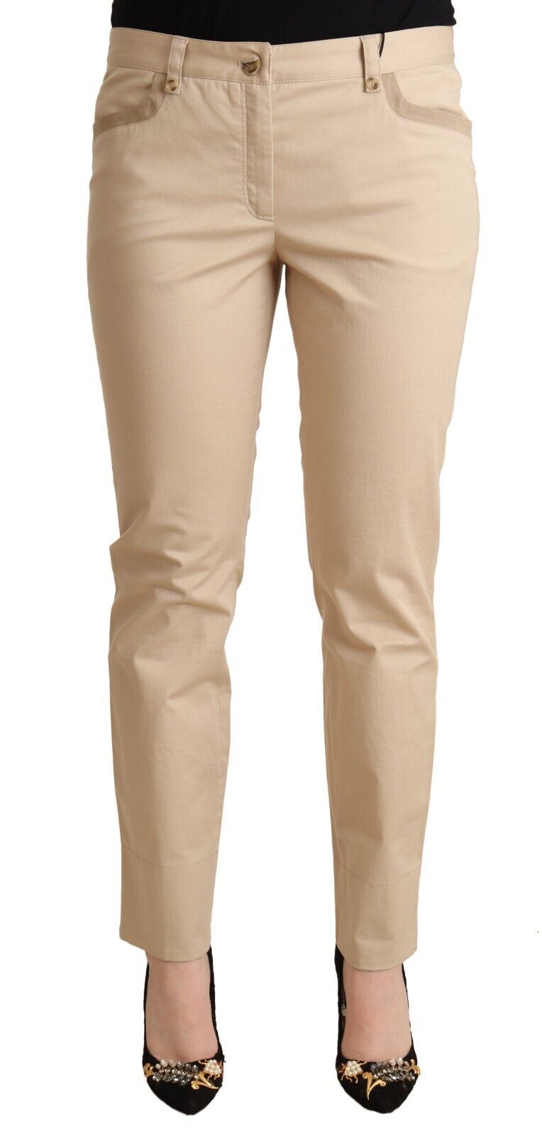 Pantalones pitillo elásticos de algodón beige elegantes