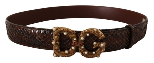 Elegant Phyton Leather Pearl Buckle Belt