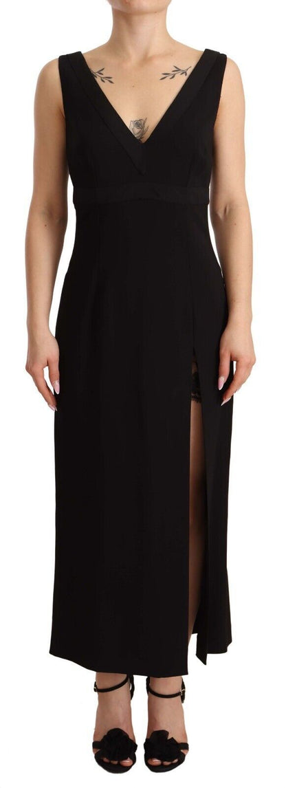 Elegant Black V-Neck Sheath Midi Dress