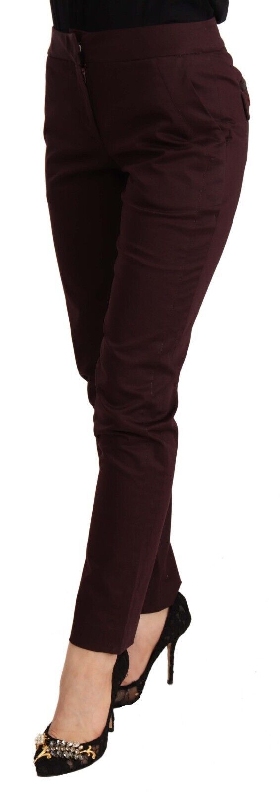 Pantalones pitillo de corte slim granate con detalle de cremallera