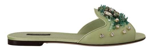 Elegante, met kristallen verfraaide groene leren slippers