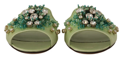 Elegant Crystal-Embellished Green Leather Slides