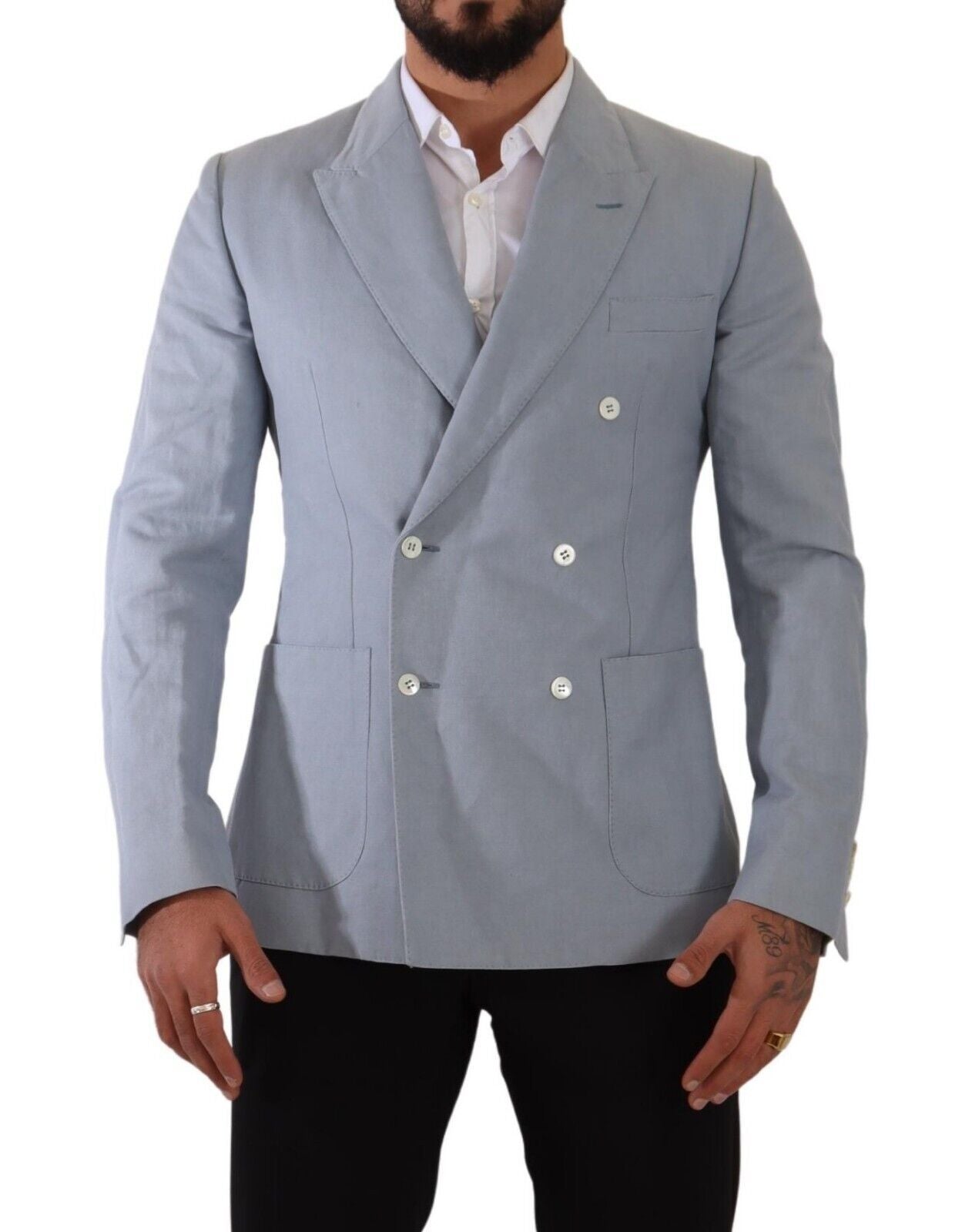 Elegante slim-fit lichtblauwe blazer met dubbele rij knopen