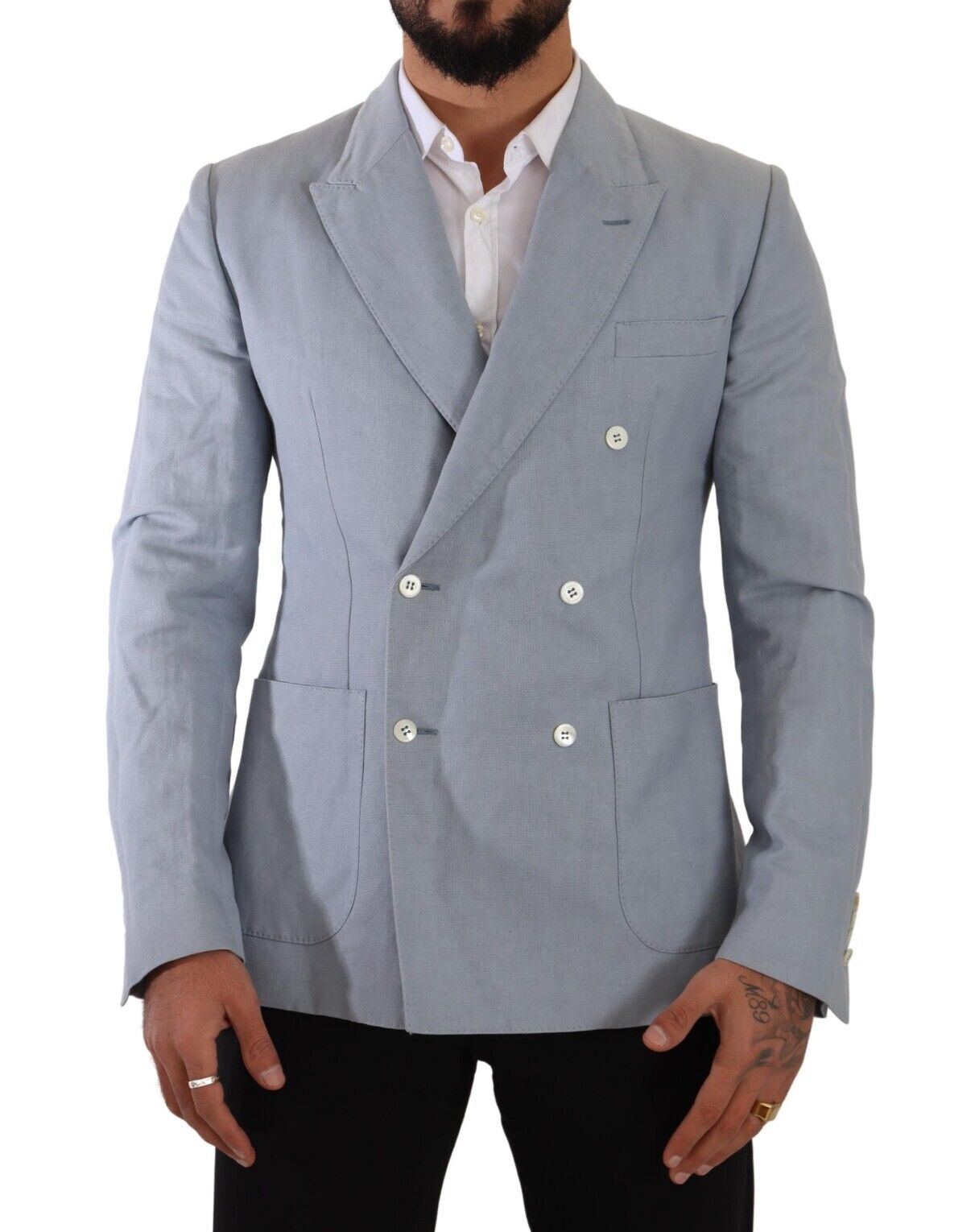 Elegante slim-fit lichtblauwe blazer met dubbele rij knopen