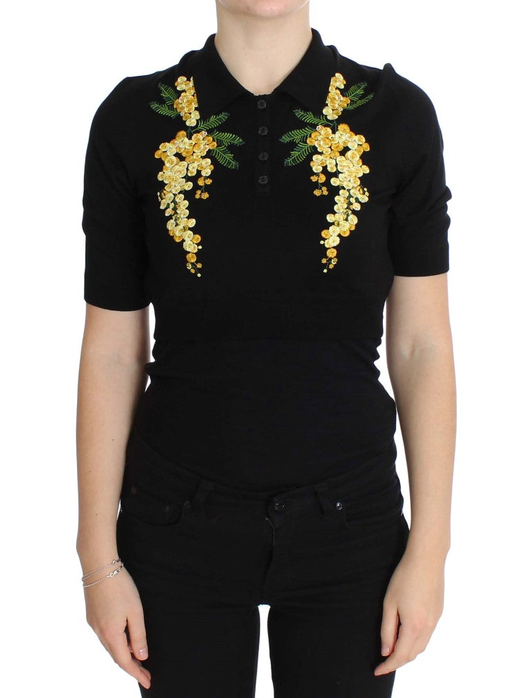 Elegante polo floral de seda negro