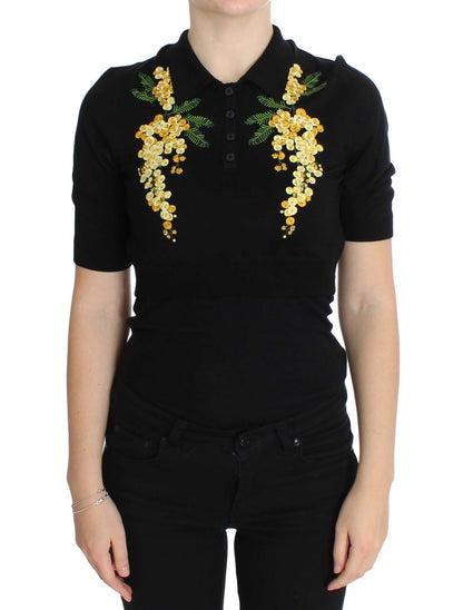 Elegante polo floral de seda negro