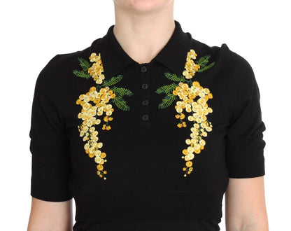 Elegante polo floral de seda negro