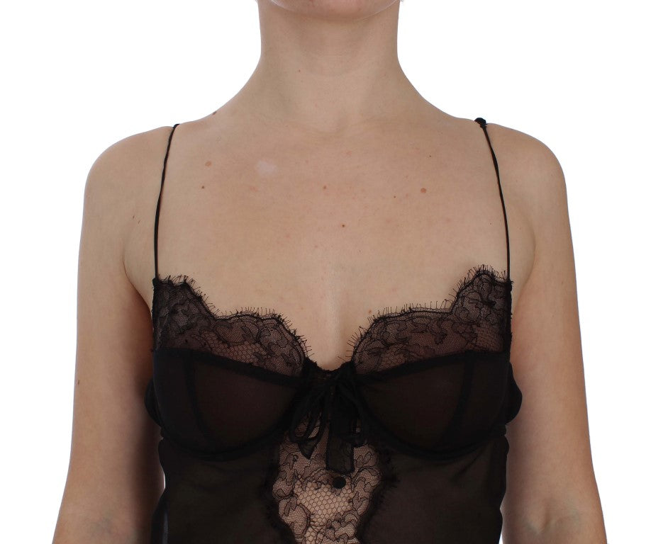 Elegante zwarte zijden kanten lingerie chemise