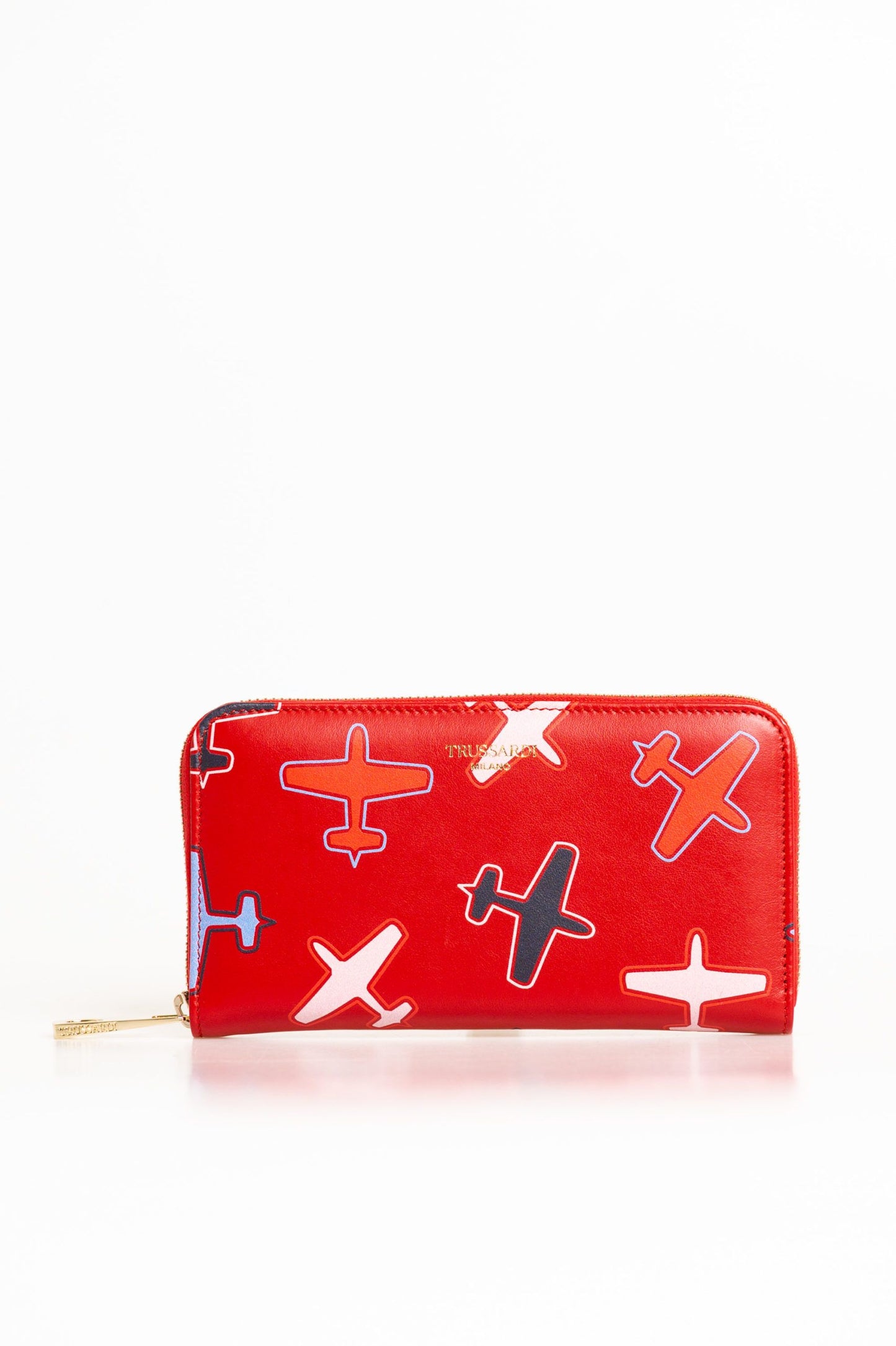 Cartera elegante de cuero rojo con estampado de avión