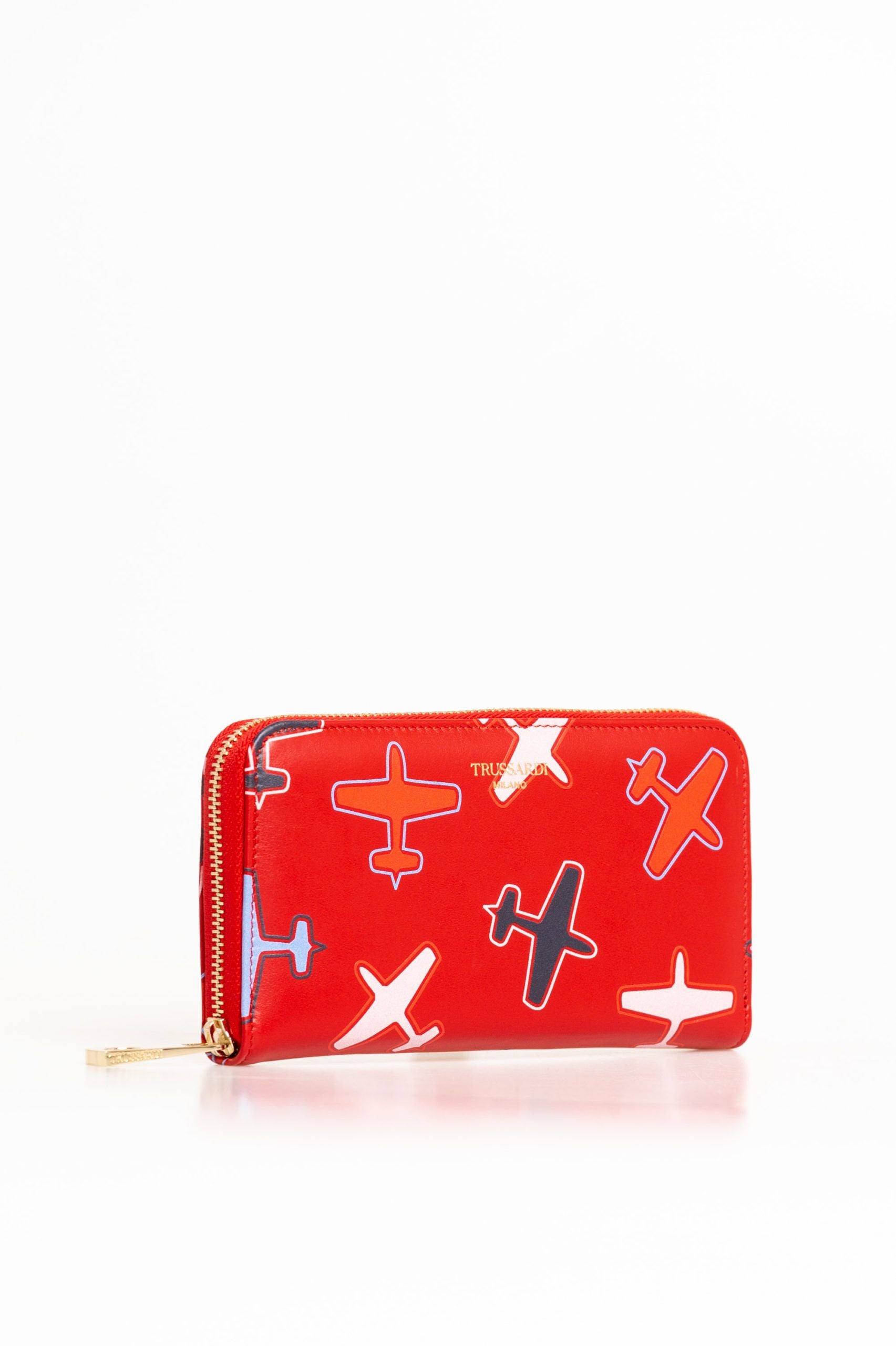 Cartera elegante de cuero rojo con estampado de avión