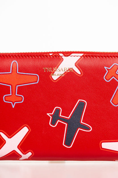 Cartera elegante de cuero rojo con estampado de avión