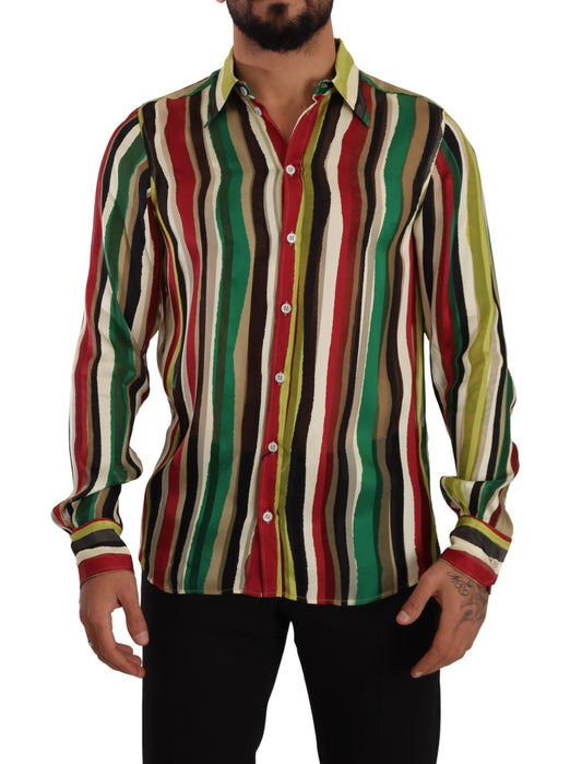 Camisa Elegante De Mezcla De Seda De Rayas Multicolores