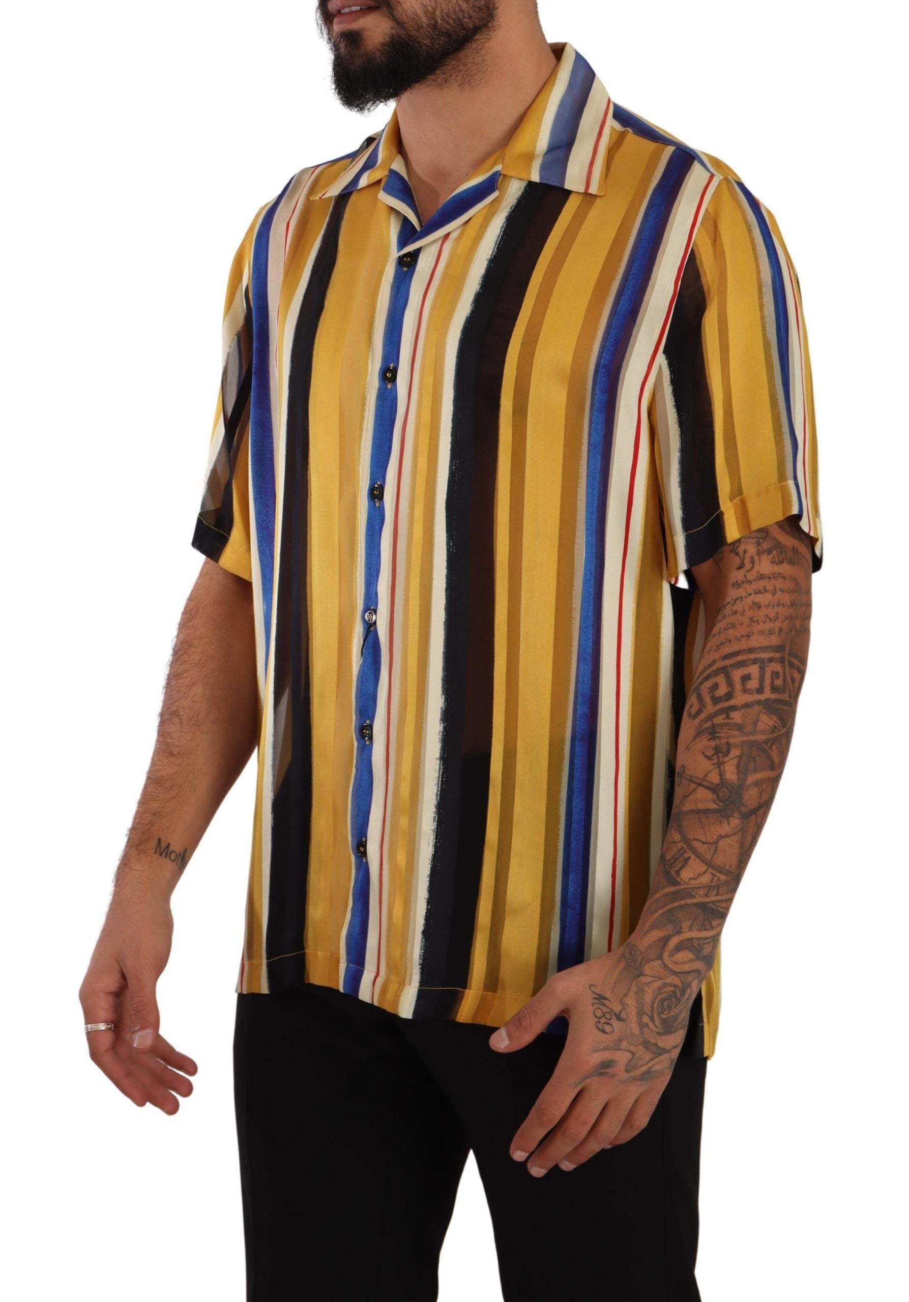 Camisa de hombre en mezcla de seda a rayas amarillas