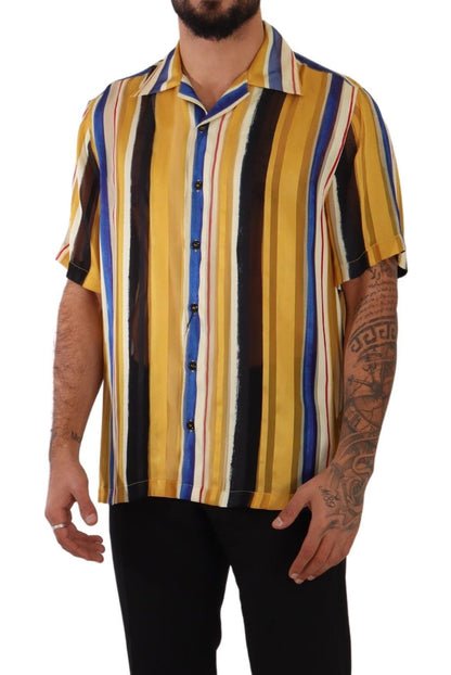 Camisa de hombre en mezcla de seda a rayas amarillas