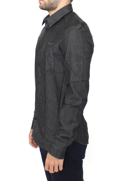 Elegant Gray Stretch Denim Casual Shirt