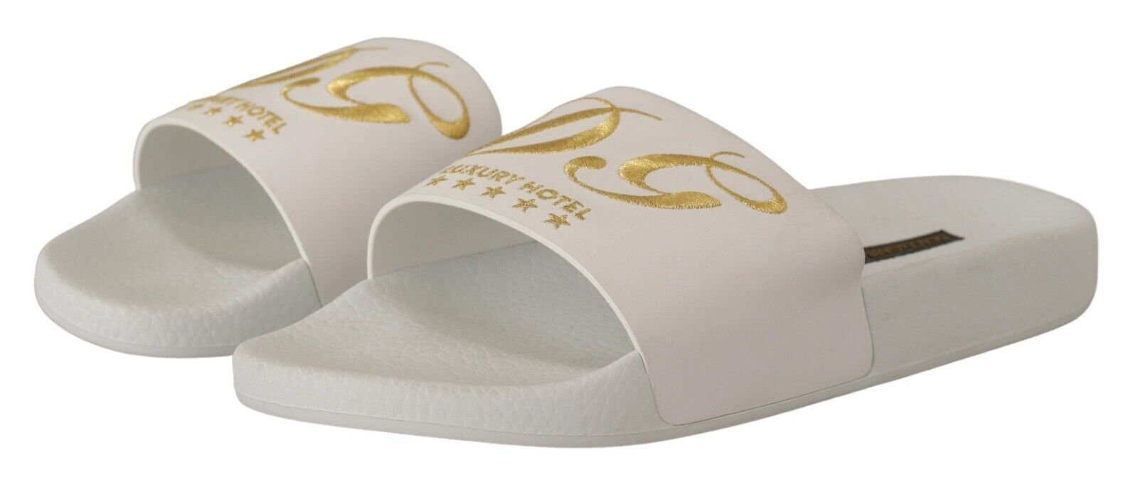 Chanclas elegantes de cuero blanco con bordado dorado