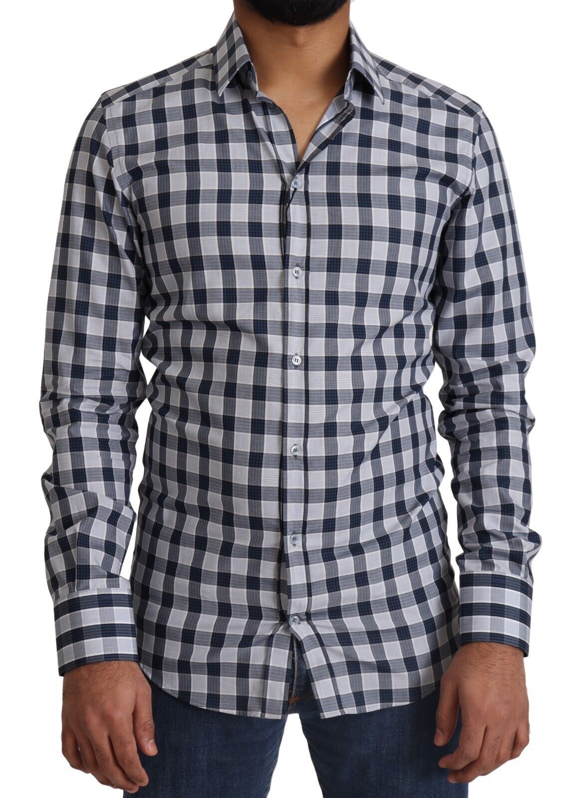 Camisa de vestir elegante de corte slim a cuadros azul y blanco