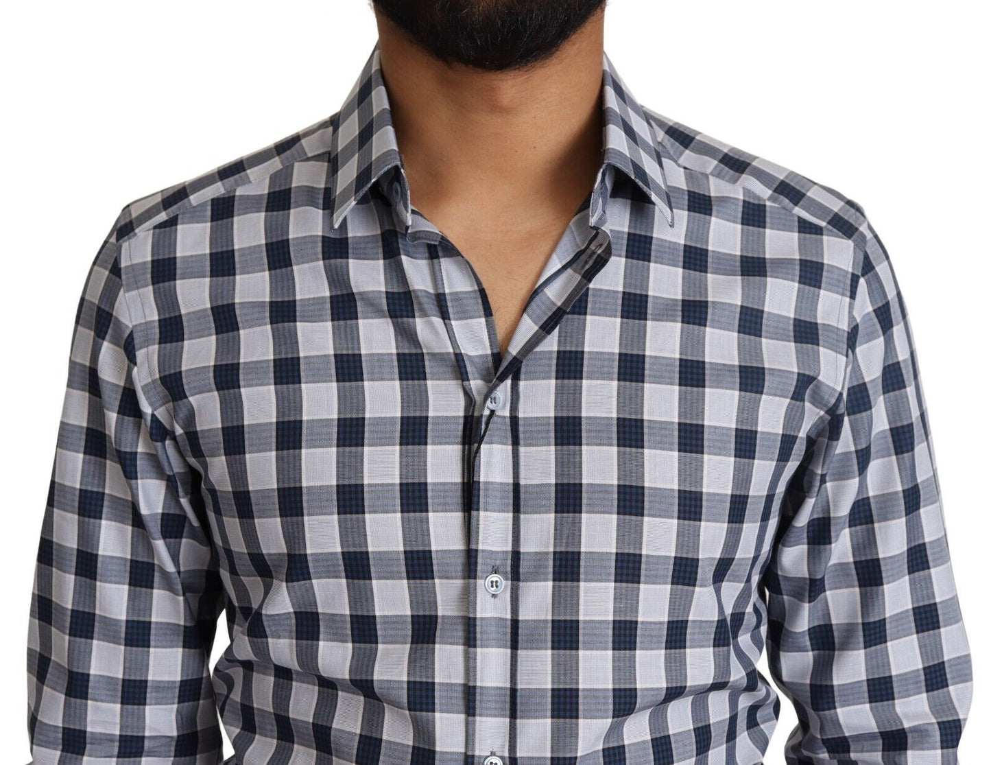 Camisa de vestir elegante de corte slim a cuadros azul y blanco