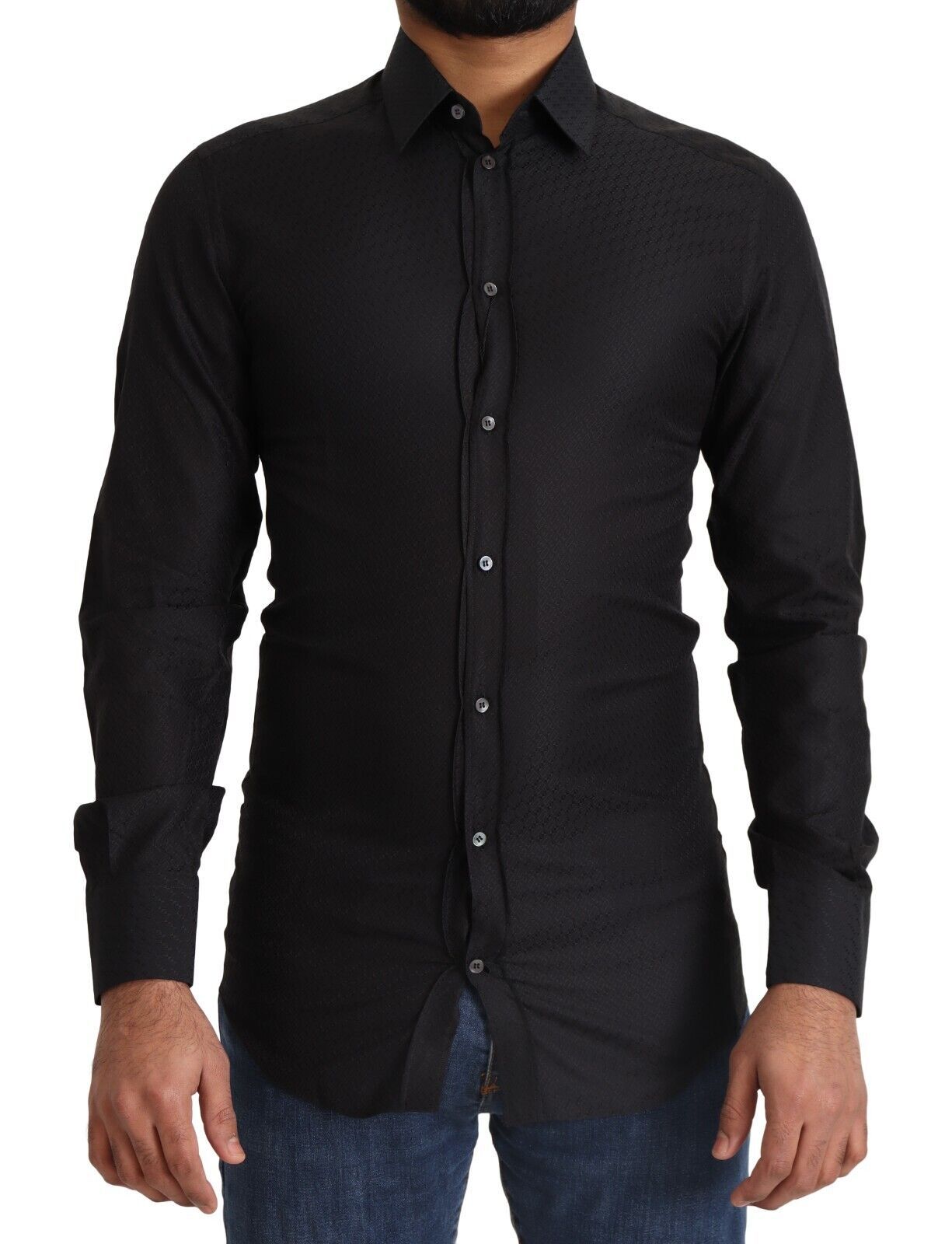 Camisa de vestir elegante de algodón negra dorada