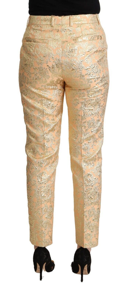 Elegante pantalón brocado rosa de cintura alta