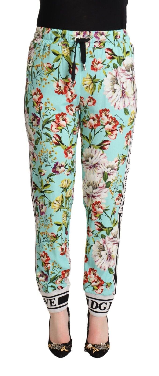 Groene joggingbroek met middentaille en bloemenprint