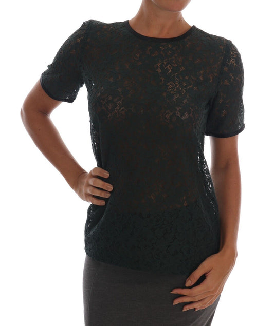 Dark Green Floral Lace Short Sleeve Blouse