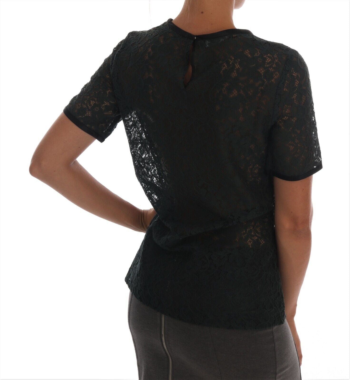 Blusa de manga corta de encaje con print de flores verde oscuro