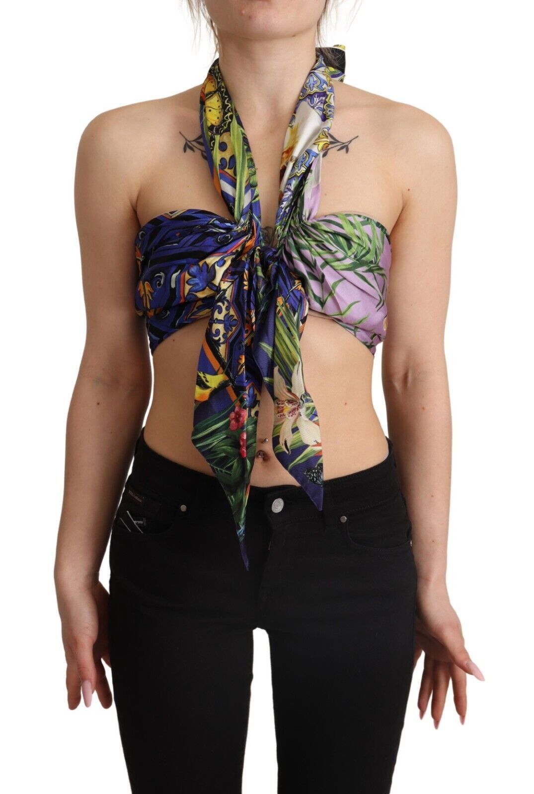 Suntuoso top corto de seda con cuello halter - Multicolor