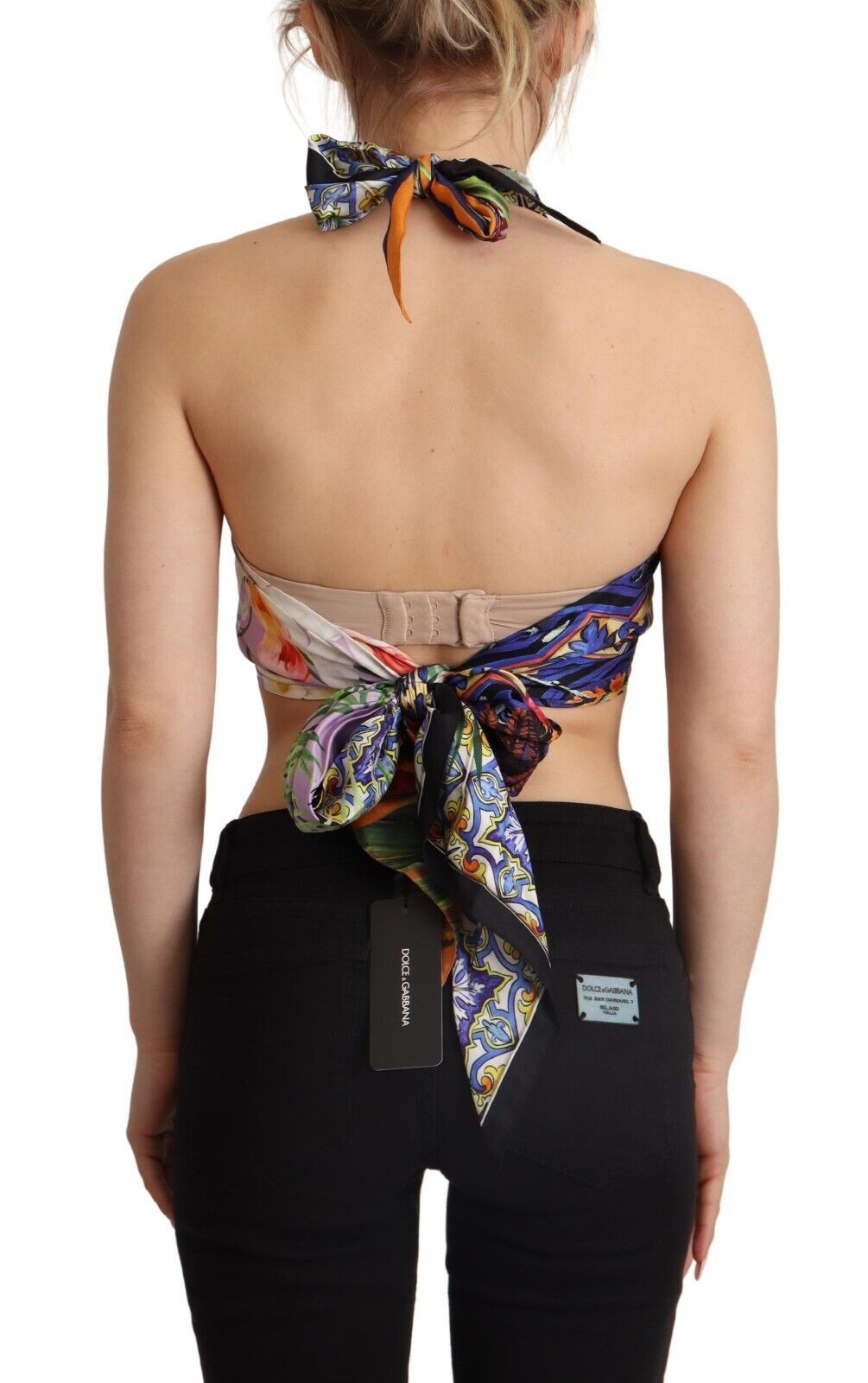 Suntuoso top corto de seda con cuello halter - Multicolor