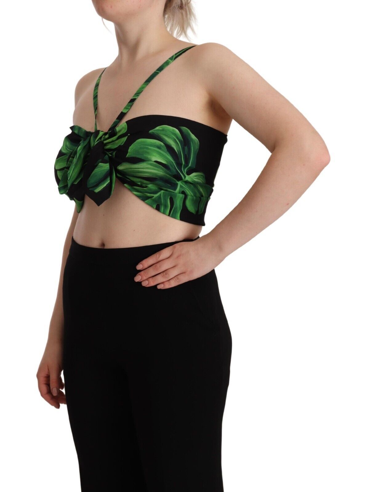 Top corto con cuello halter y estampado de hojas elegante