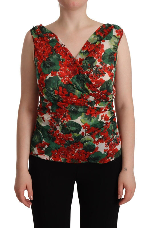 Elegante zijden tanktop met V-hals en geraniumprint