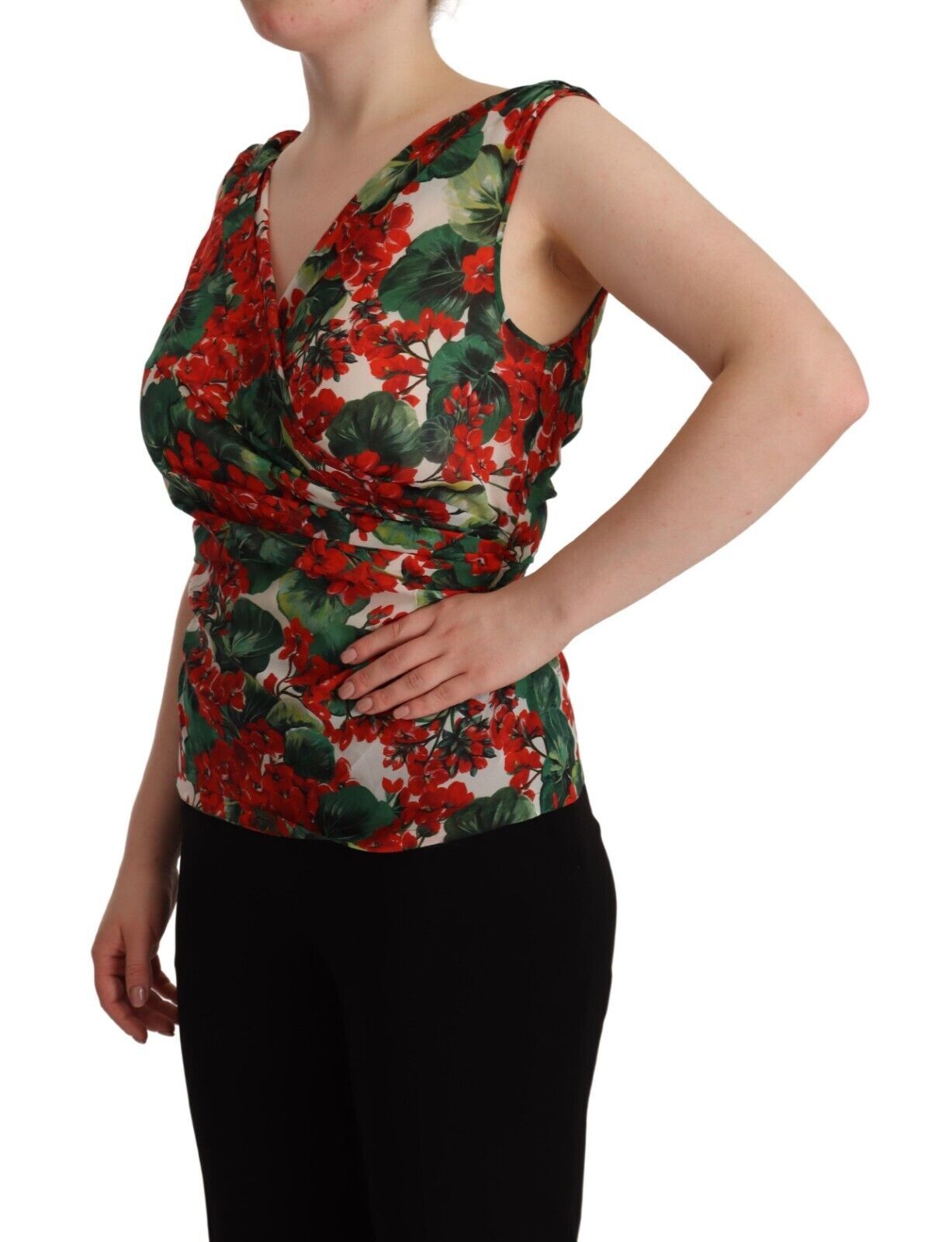 Elegante zijden tanktop met V-hals en geraniumprint