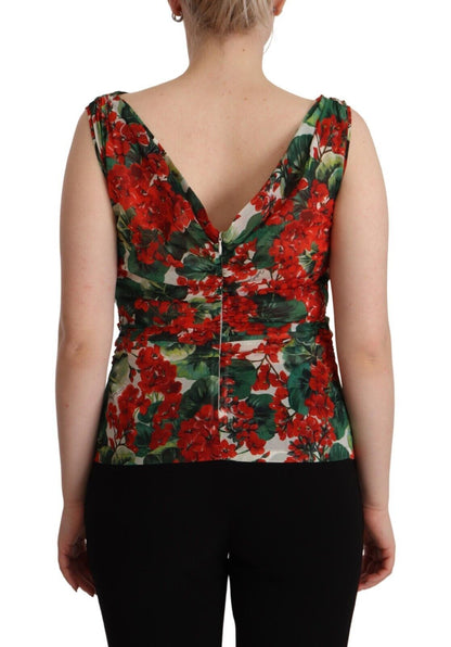 Elegante zijden tanktop met V-hals en geraniumprint