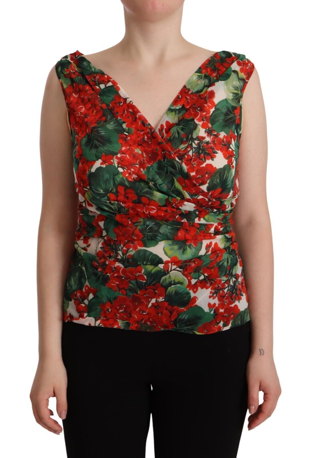 Elegante zijden tanktop met V-hals en geraniumprint