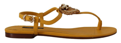 Mustard T-Strap Flat Sandals with Heart Embellishment