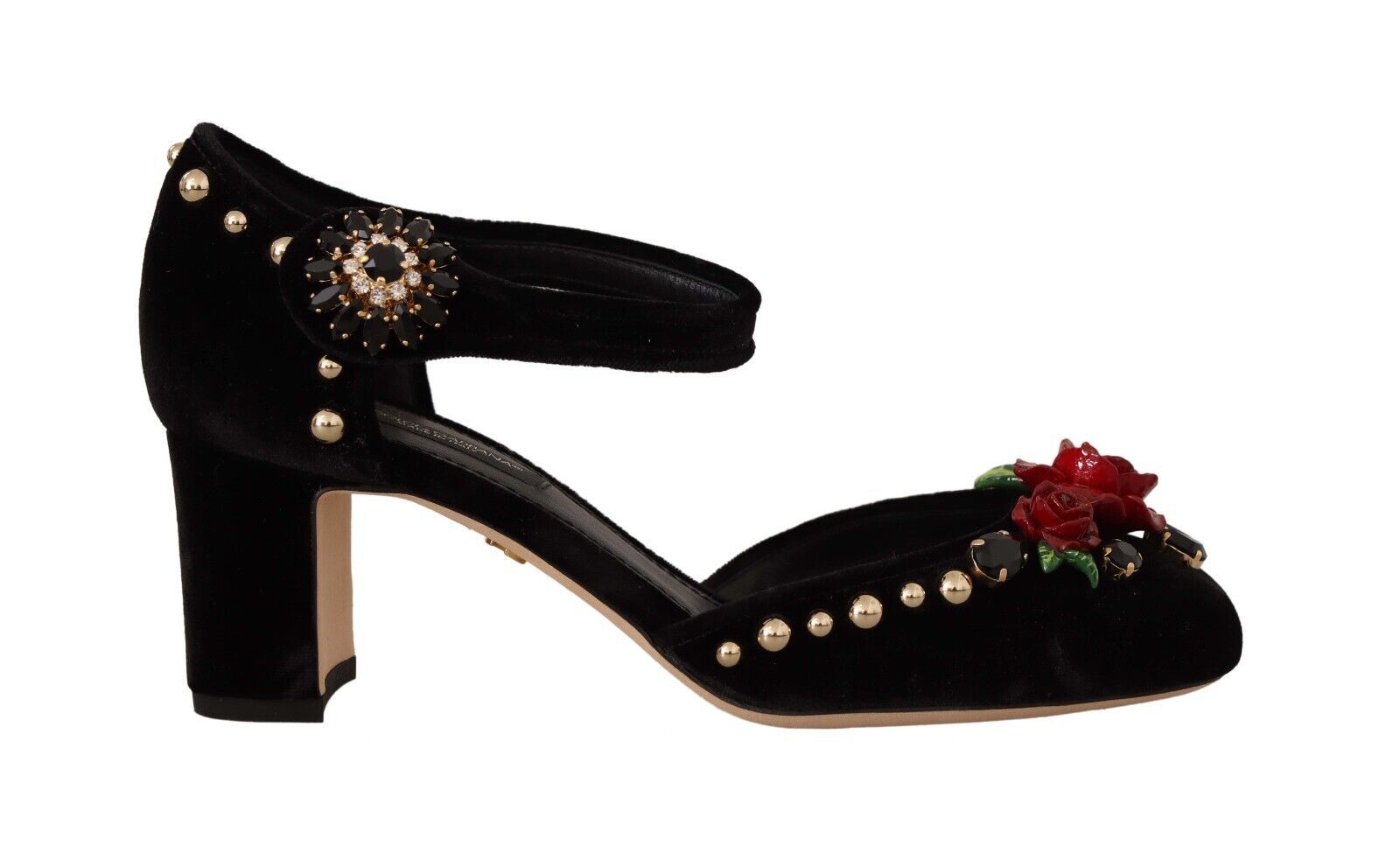 Sandalias de tacón con rosa de cristal negro