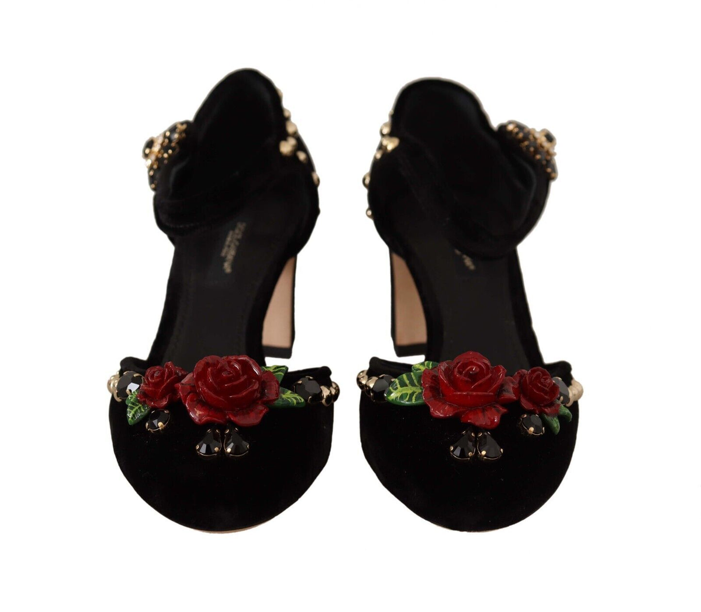 Sandalias de tacón con rosa de cristal negro